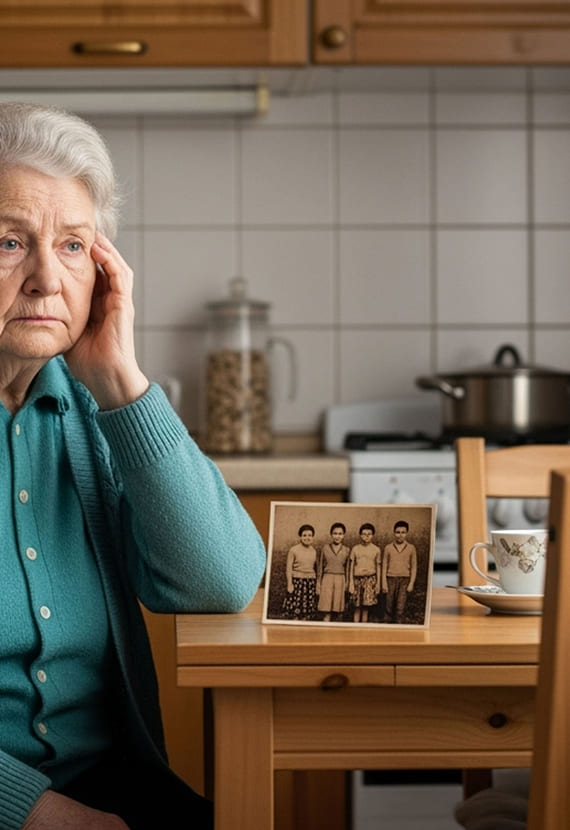Пожилая женщина смотрит в окно