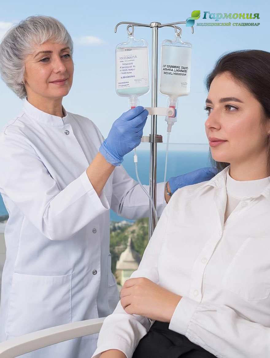 Врач и пациент с капельницей на фоне берега Уральска