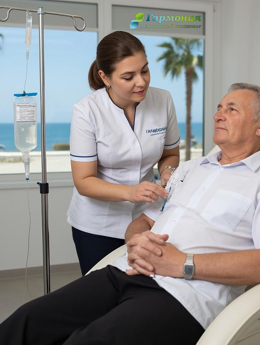 Врач и пациент с капельницей на фоне берега Уральска