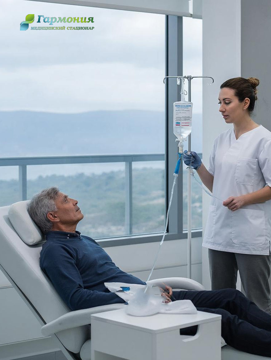 Врач и пациент с капельницей на фоне берега Уральска